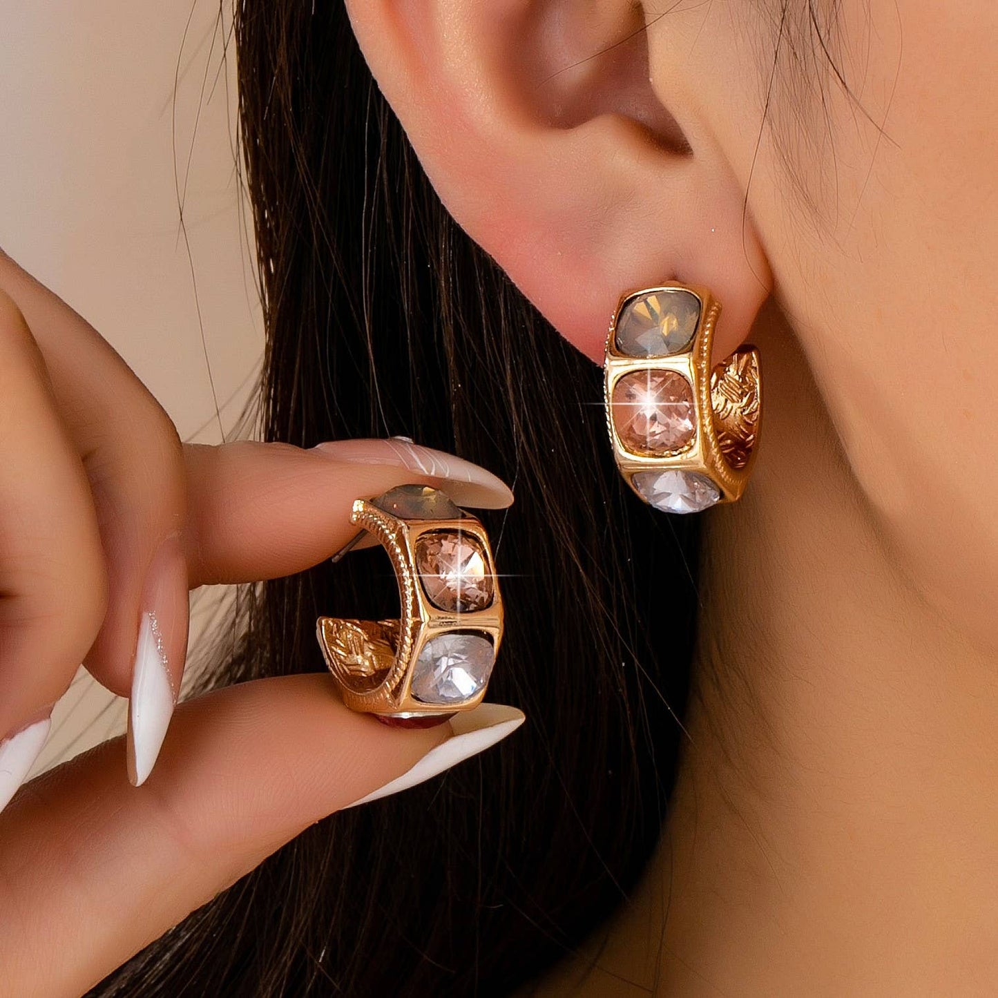 Gold-Tone Multi Color Gem Crystal Hoop Earrings |