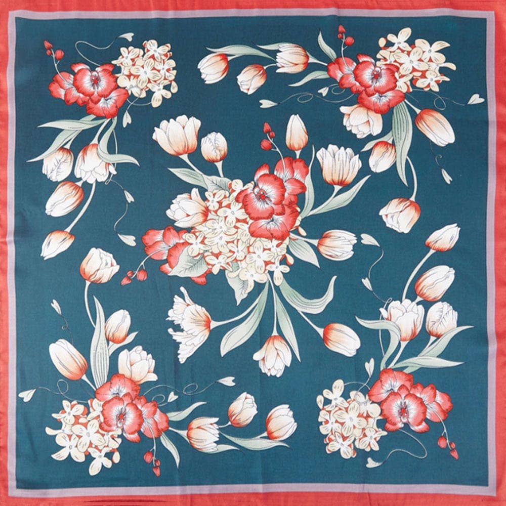 Spring Bouquet Floral Pattern Printed Square Silky Satin Bandana Scarf