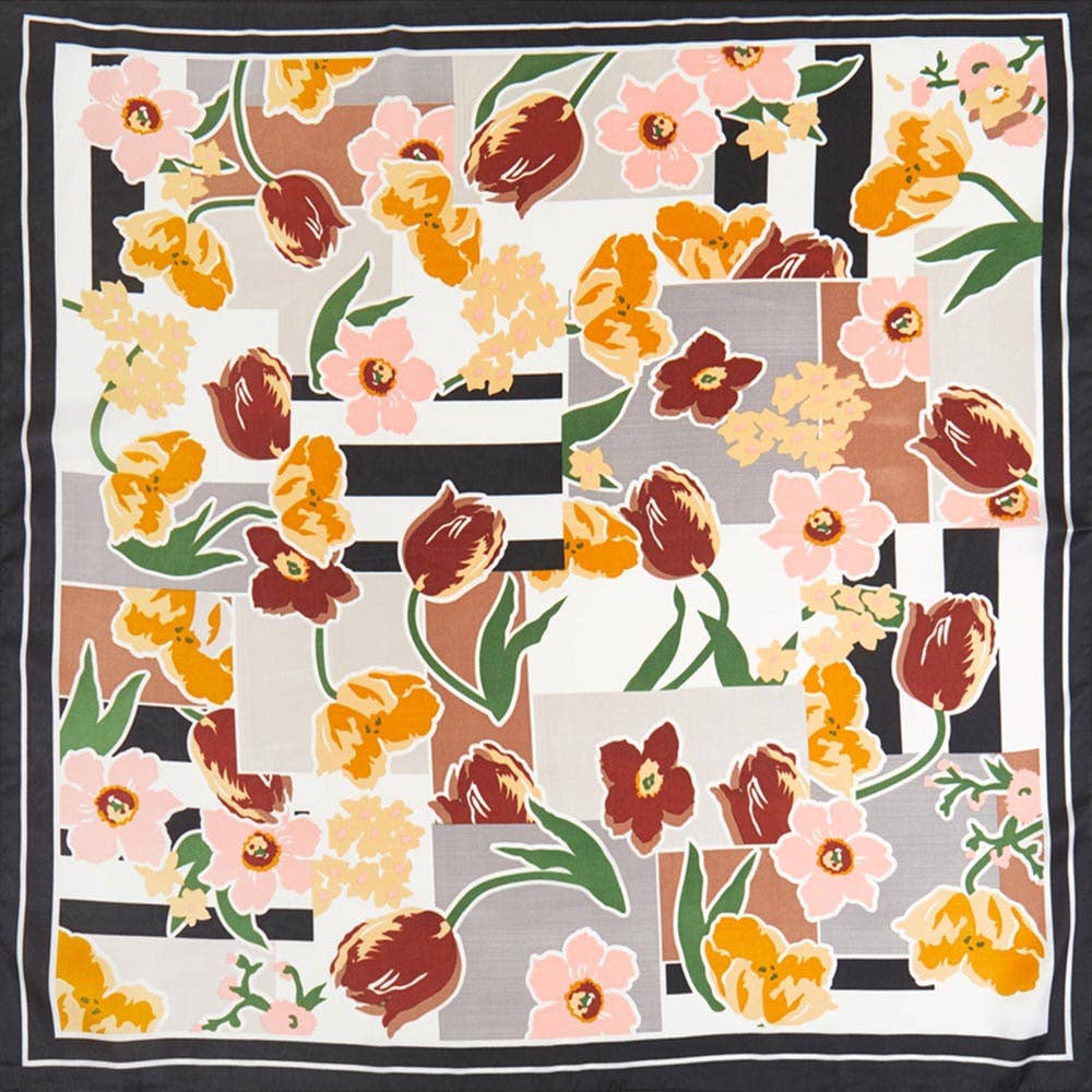 Geometric Floral Pattern Printed Square Silky Satin Bandana Scarf
