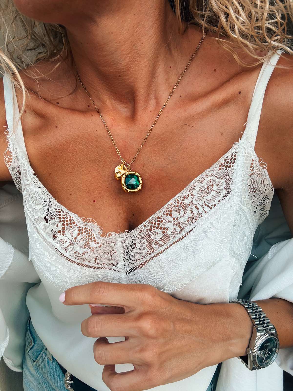 Long Gold Necklace with Emerald Green Crystal Charm