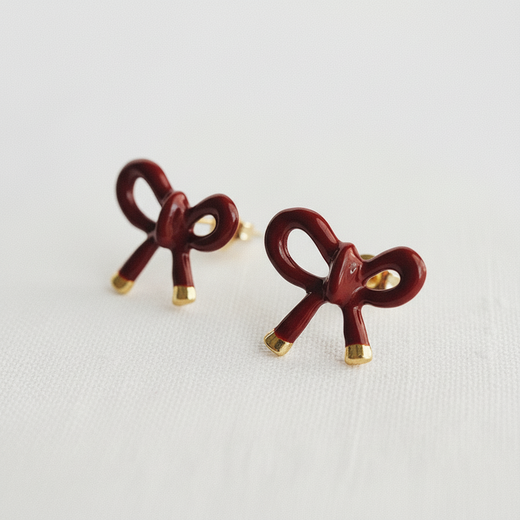 Rich Burgundy Enamel Bow Stud Earrings