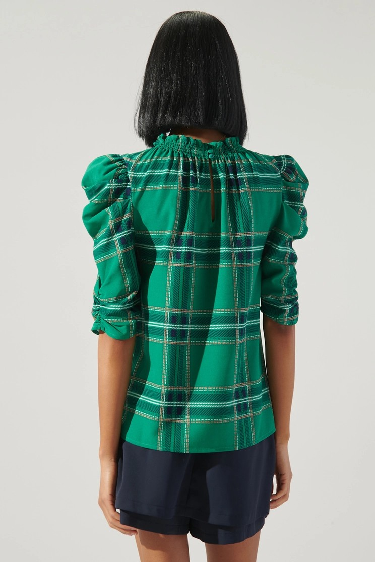 Woodland Plaid Drape Sleeve Blouse