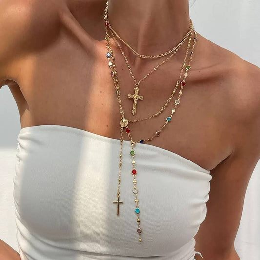 BOHO Y MULTI STONE CROSS LARIAT LAYER NECKLACE