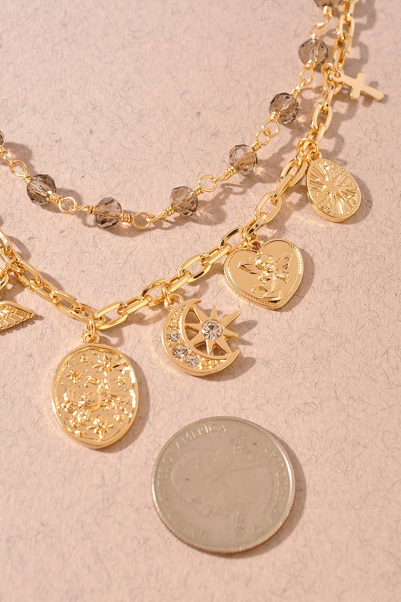 Multi Charm Layer Bead Chain Link Necklace
