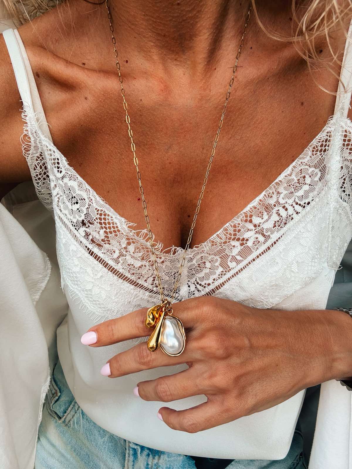 Long Gold Necklace with Pearl & Organic Charms