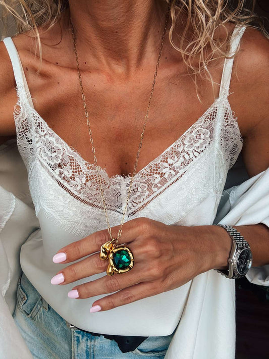 Long Gold Necklace with Emerald Green Crystal Charm