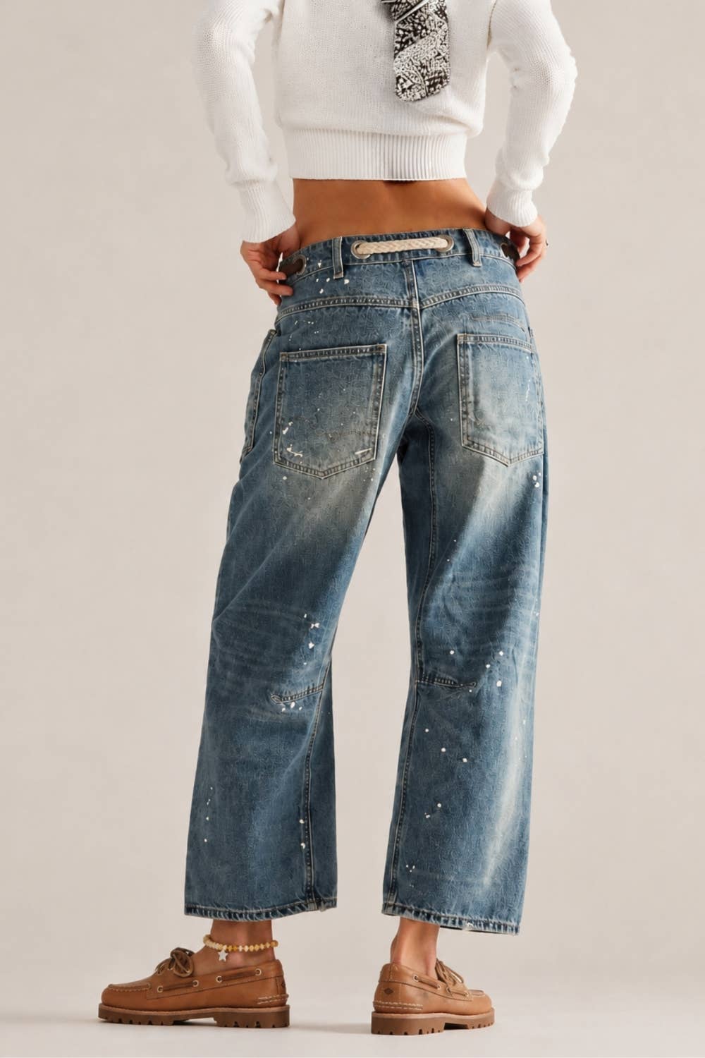 Mia Paint Splatter Rope Tie Barrel Jeans