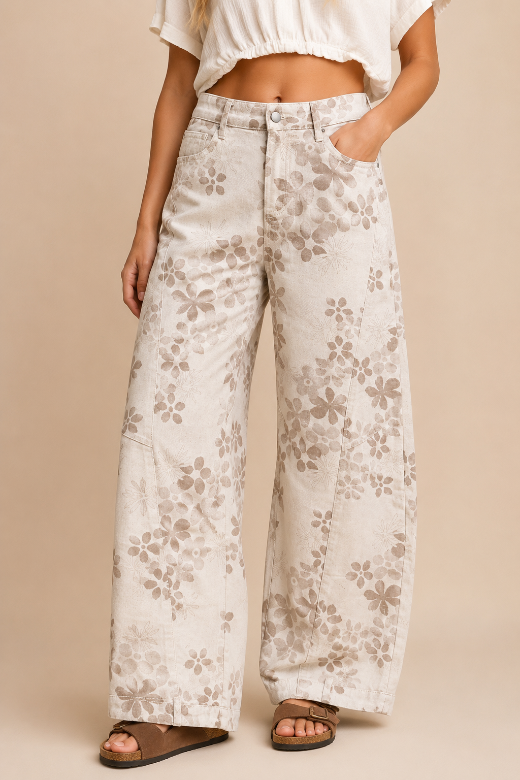 Floral Wide-Barrel Leg Jeans