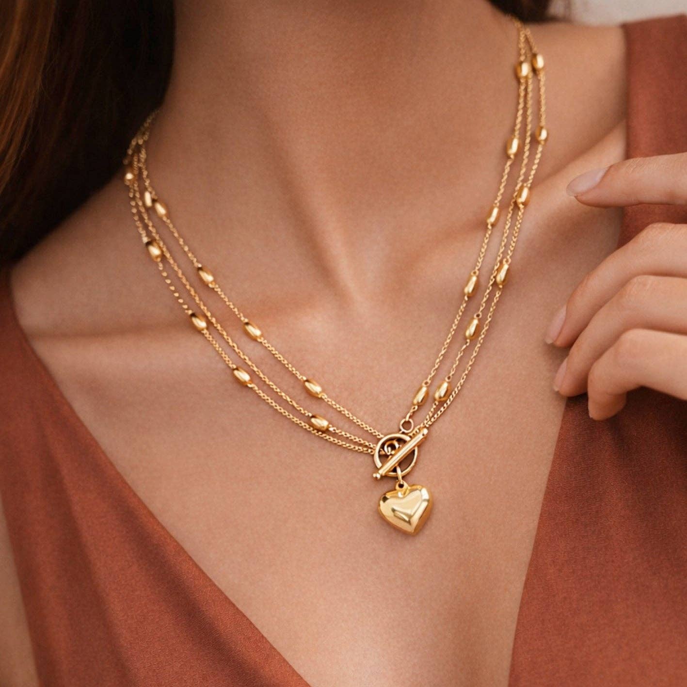 18K Gold Plated Heart Triple Chain Necklace
