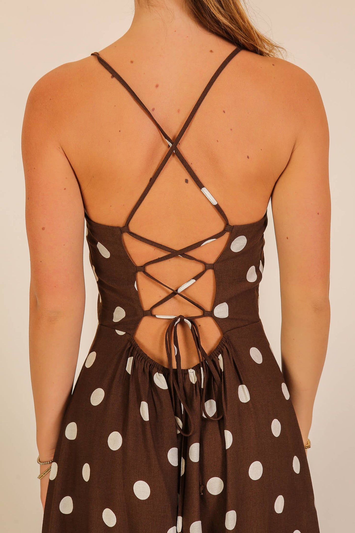 Viv Polka Dot Lace-Up Back Midi Dress