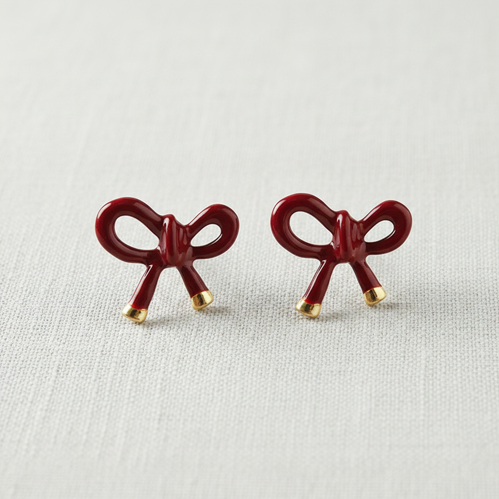 Rich Burgundy Enamel Bow Stud Earrings