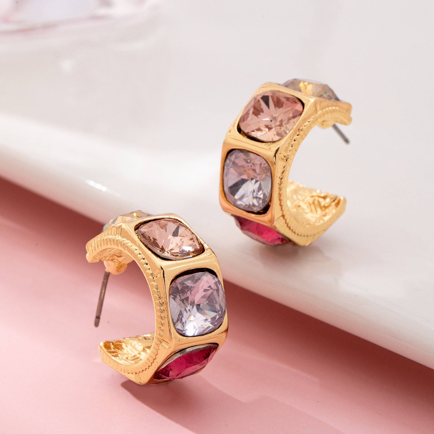 Gold-Tone Multi Color Gem Crystal Hoop Earrings |