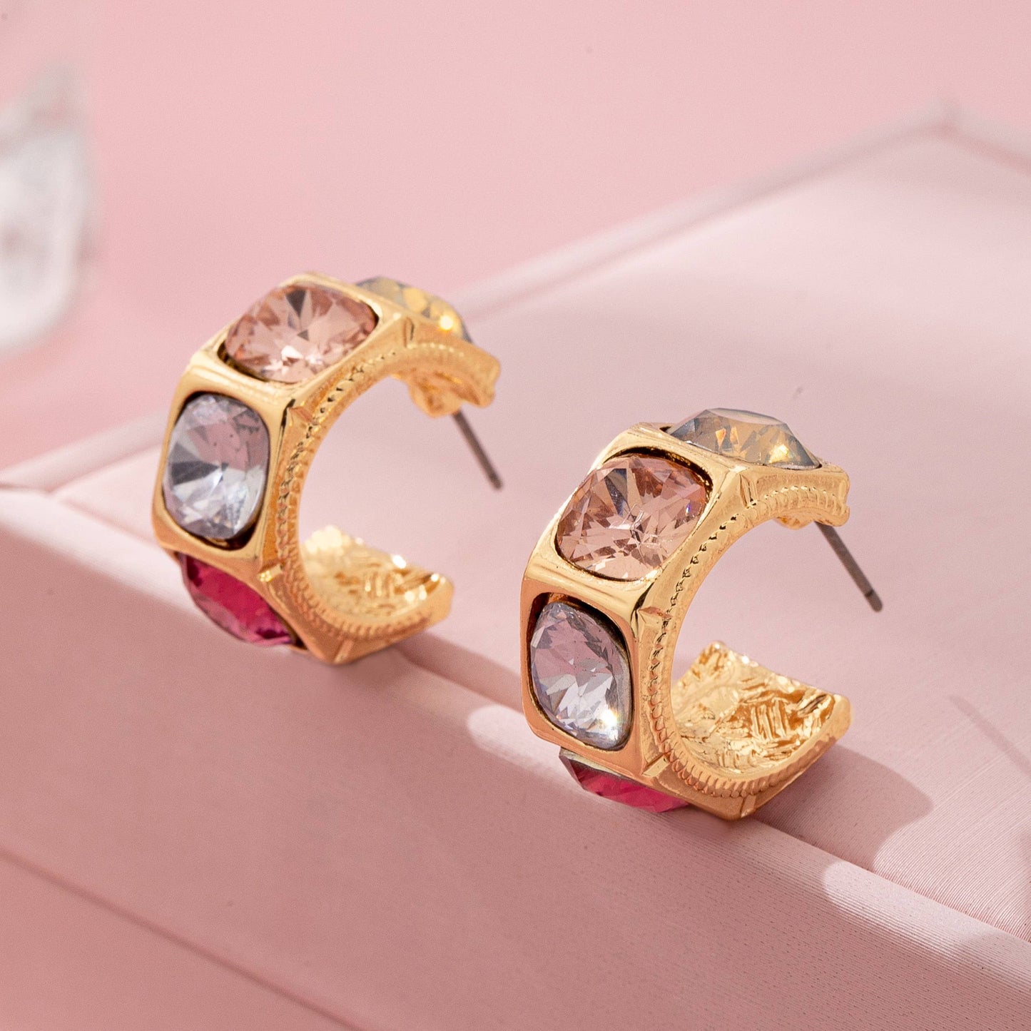 Gold-Tone Multi Color Gem Crystal Hoop Earrings |