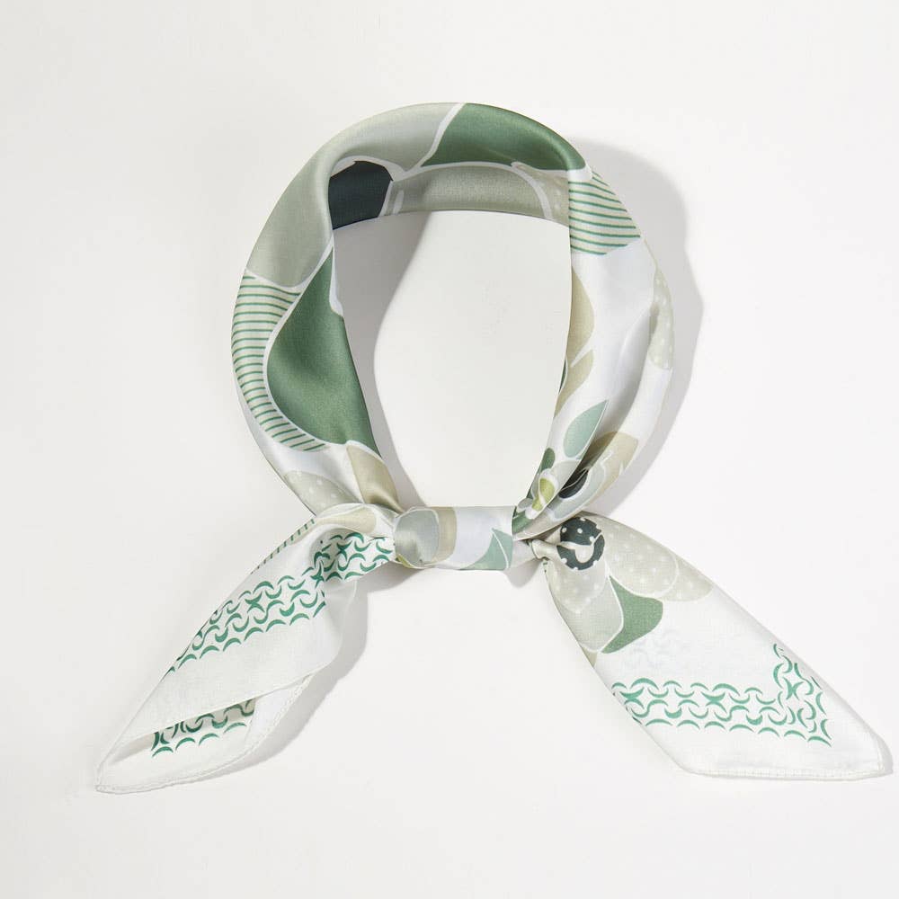 Illustrated Flower Pattern Printed Square Silky Satin Bandana Scarf