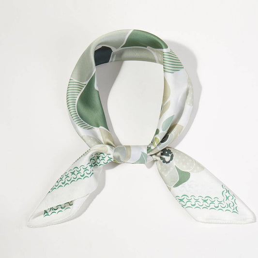 Illustrated Flower Pattern Printed Square Silky Satin Bandana Scarf