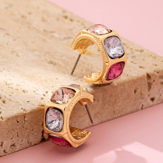 Gold-Tone Multi Color Gem Crystal Hoop Earrings |