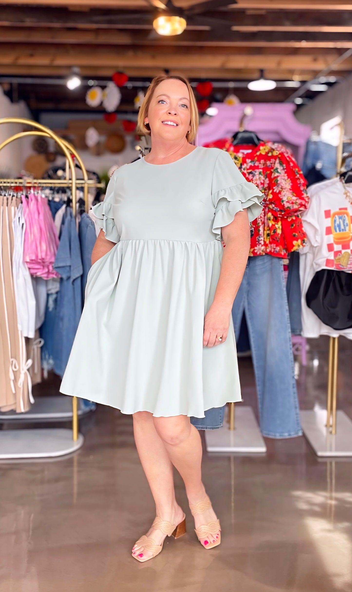 Sage Ruffle Sleeve Plus Dress