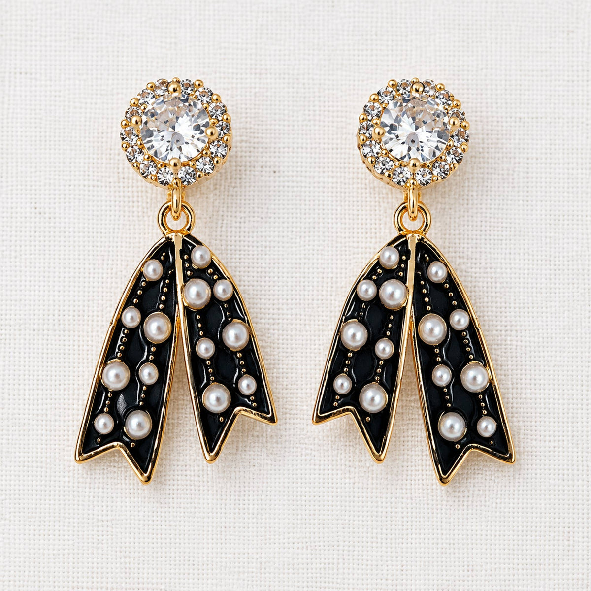 Zirconia Bowknot and Polka Dot Ribbon Dangle Earrings