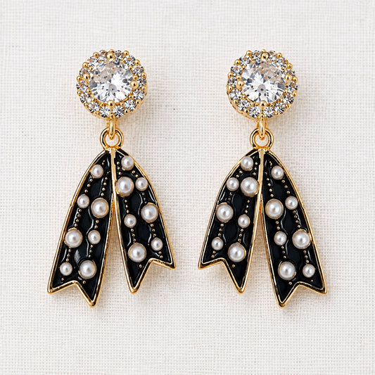 Zirconia Bowknot and Polka Dot Ribbon Dangle Earrings