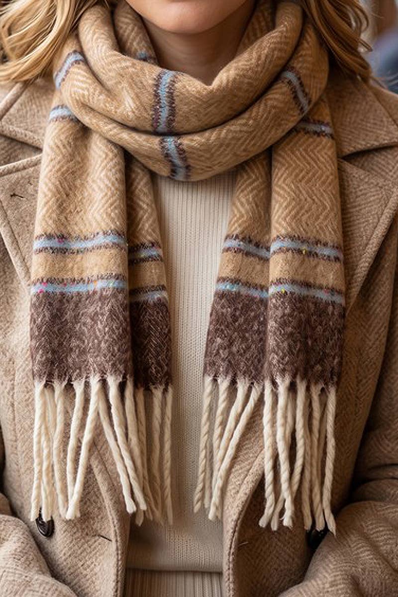 Herringbone Accent Multi-Tone Brushed Fringe Scarf