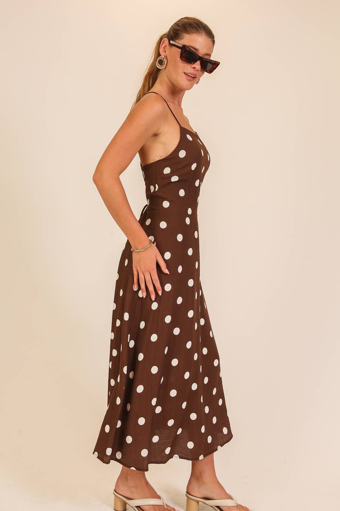 Viv Polka Dot Lace-Up Back Midi Dress