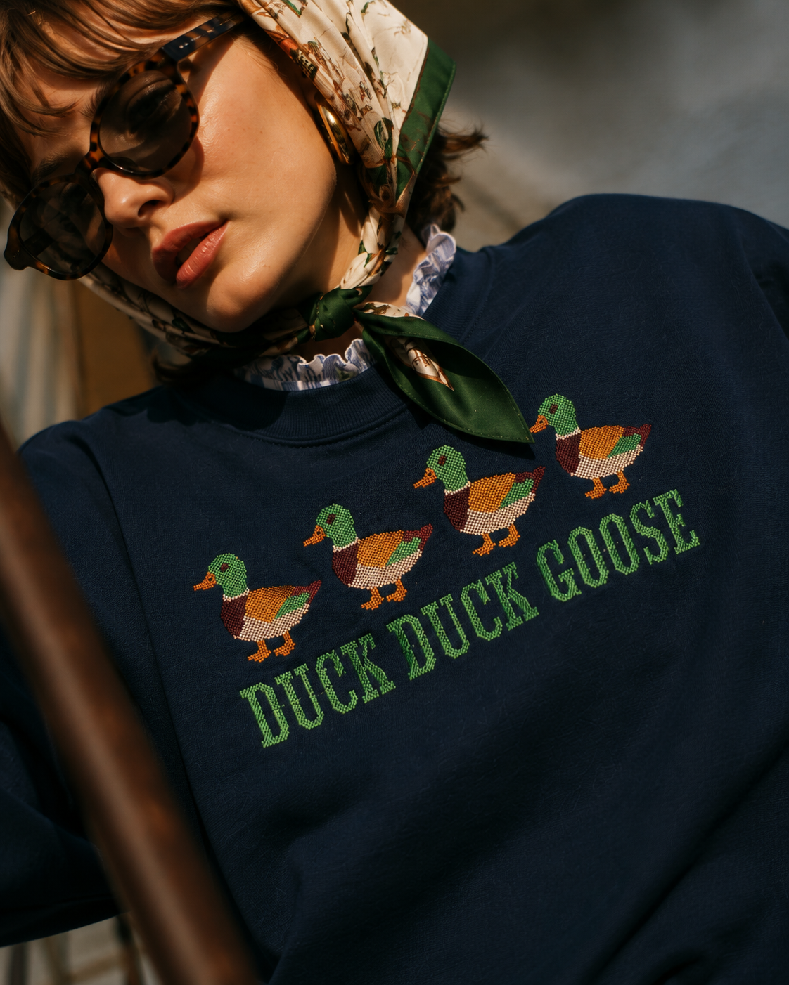 Duck Duck Goose Embroidered Cross-Stitch Sweatshirt
