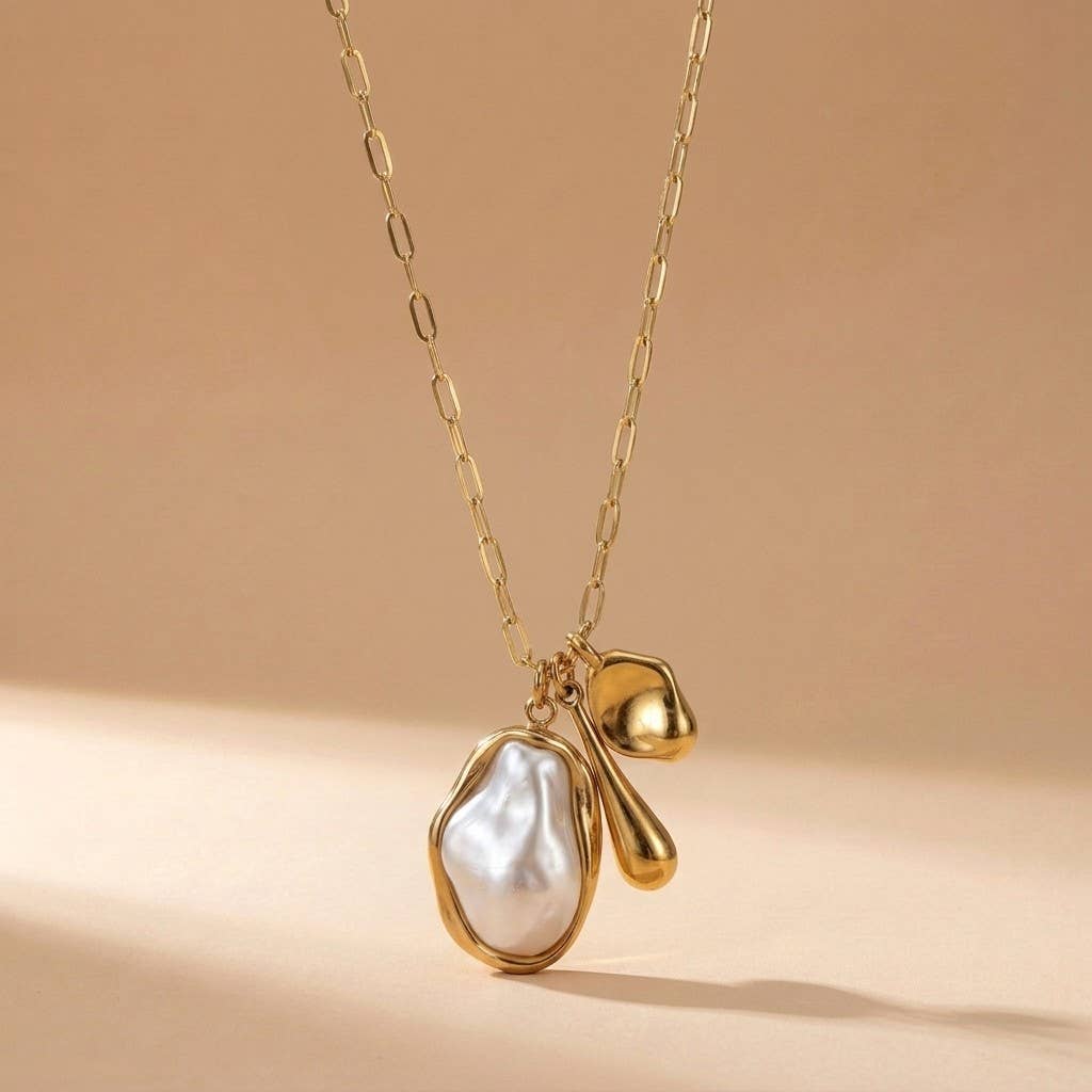 Long Gold Necklace with Pearl & Organic Charms