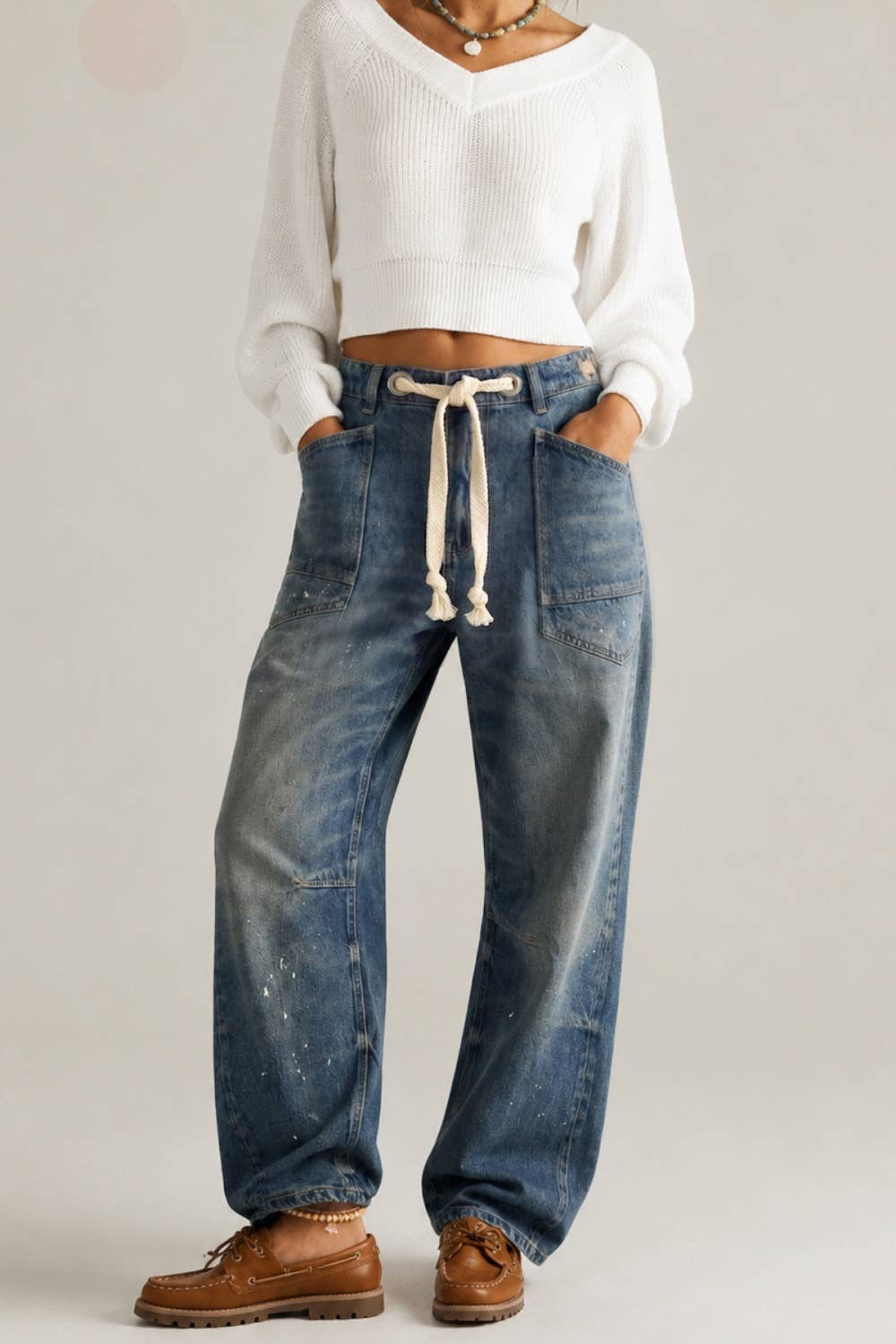 Mia Paint Splatter Rope Tie Barrel Jeans