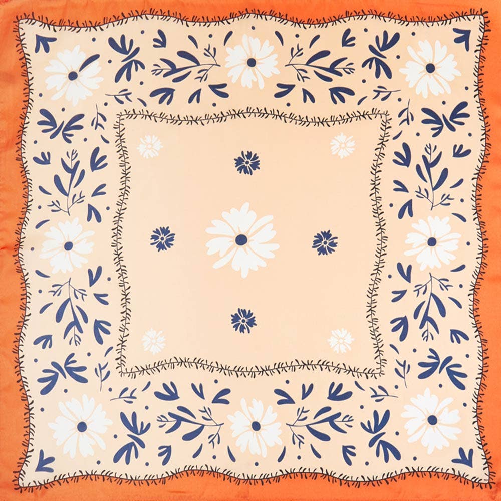 Floral Framed Border Printed Square Silky Satin Bandana Scarf