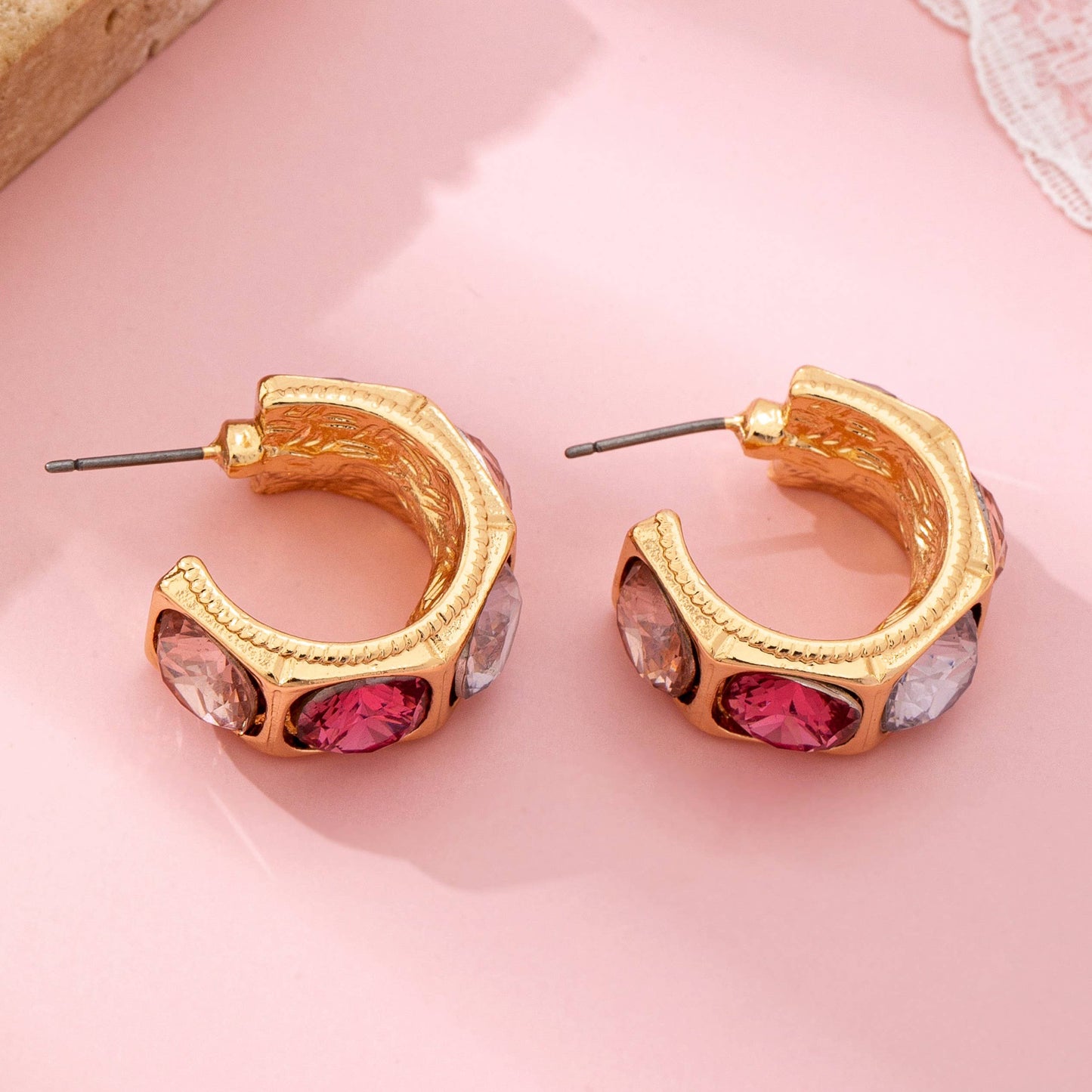 Gold-Tone Multi Color Gem Crystal Hoop Earrings |