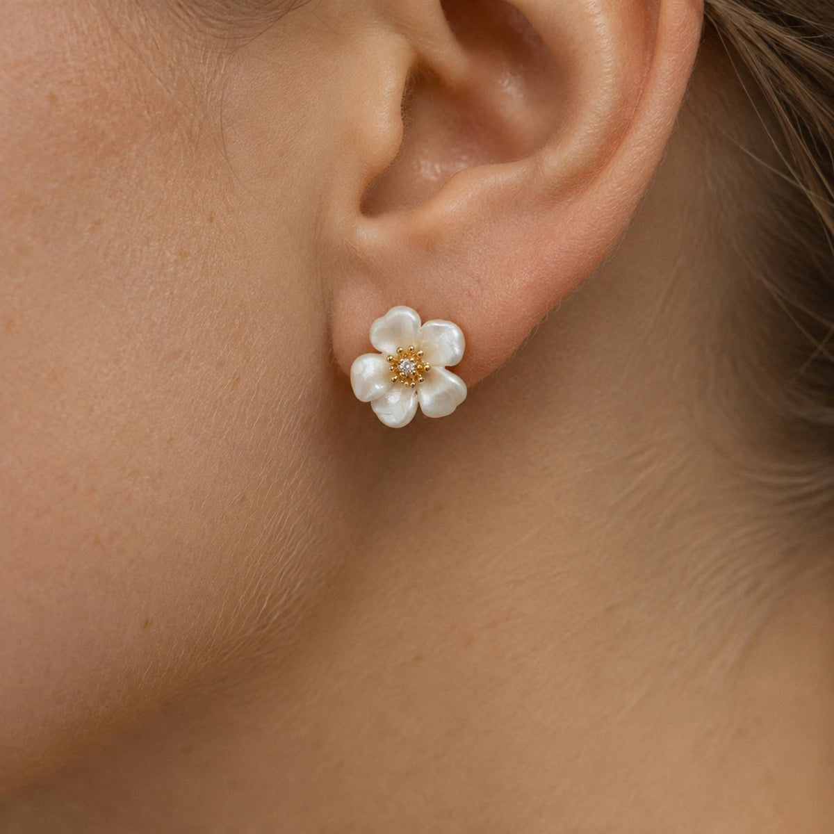 Artistic White Enamel Floral Stud Earrings