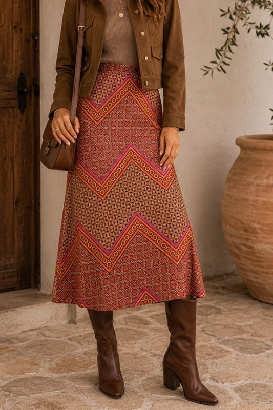 Bellini Chevron Satin Midi Skirt