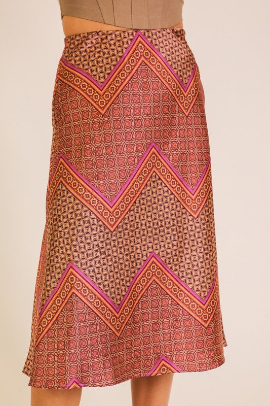 Bellini Chevron Satin Midi Skirt
