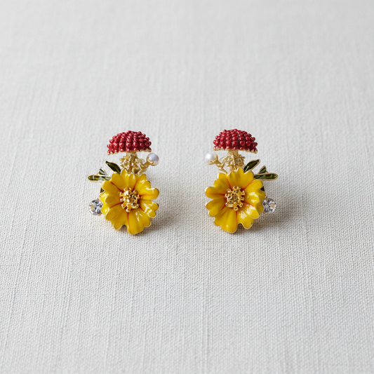 Vintage Yellow Camellia Enamel Stud Earrings