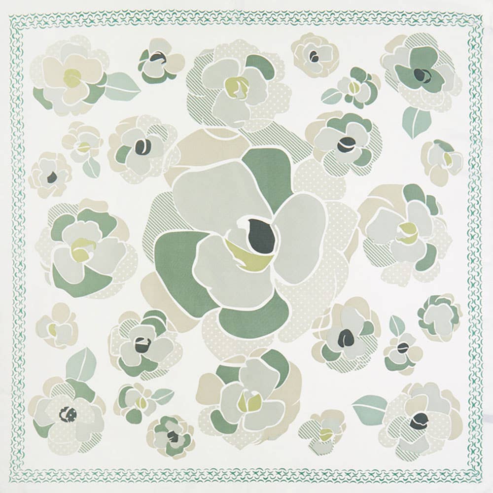 Illustrated Flower Pattern Printed Square Silky Satin Bandana Scarf