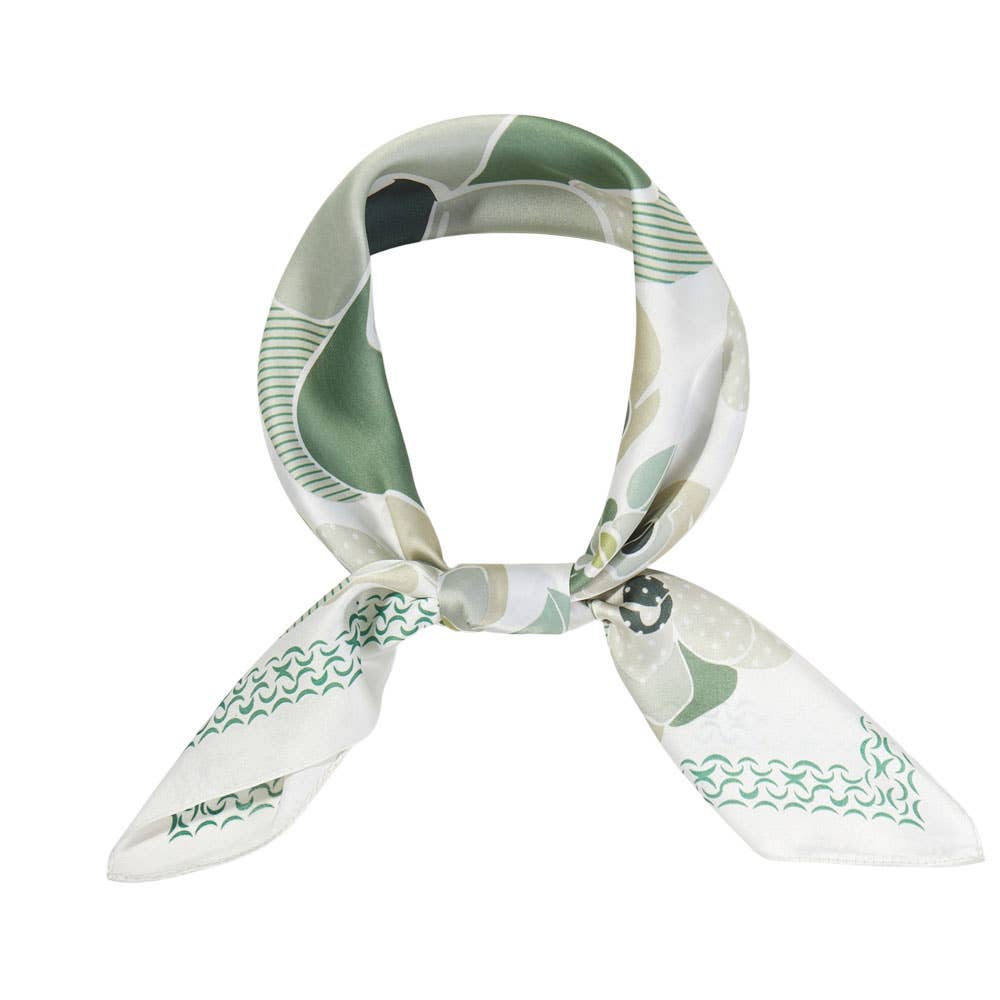 Illustrated Flower Pattern Printed Square Silky Satin Bandana Scarf
