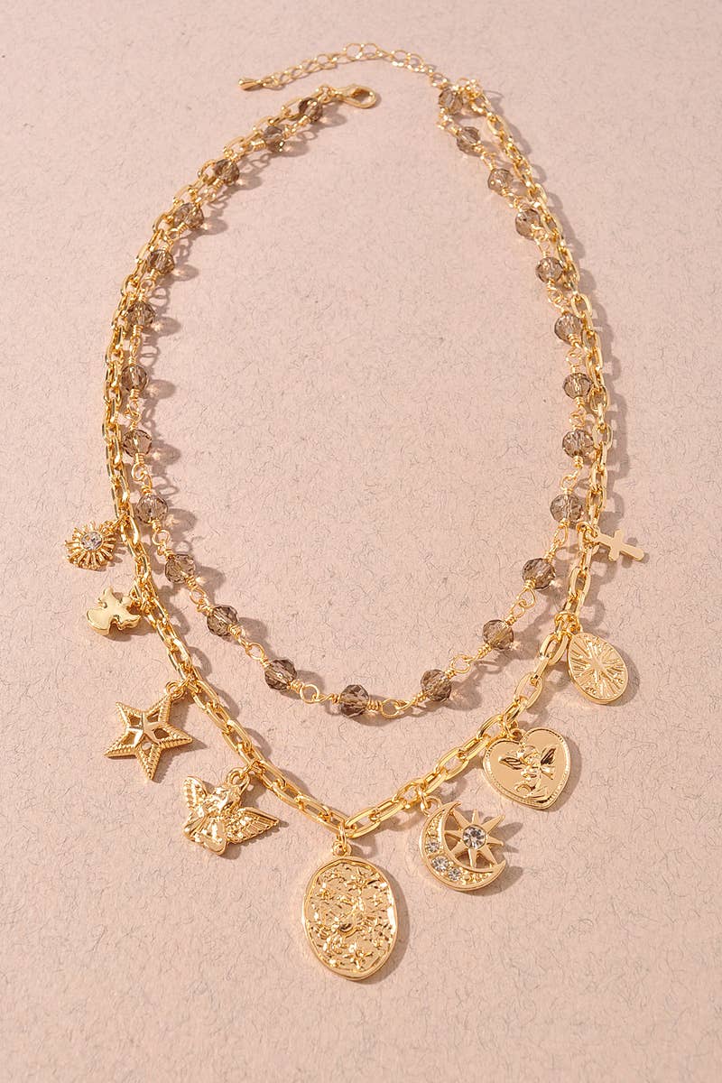 Multi Charm Layer Bead Chain Link Necklace