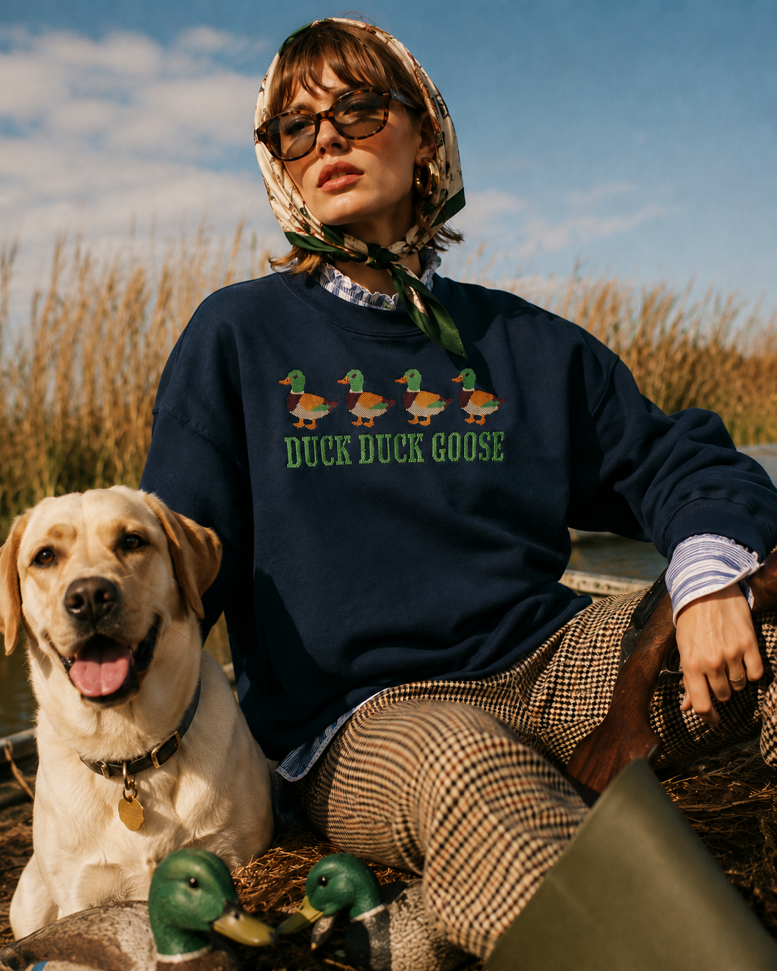 Duck Duck Goose Embroidered Cross-Stitch Sweatshirt