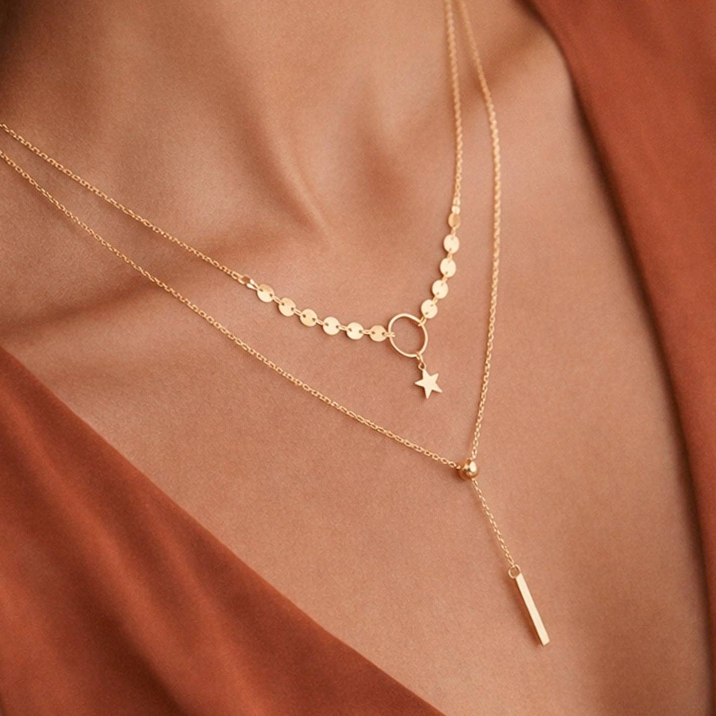 Star & Drop 18K Gold Plated Chain Necklace