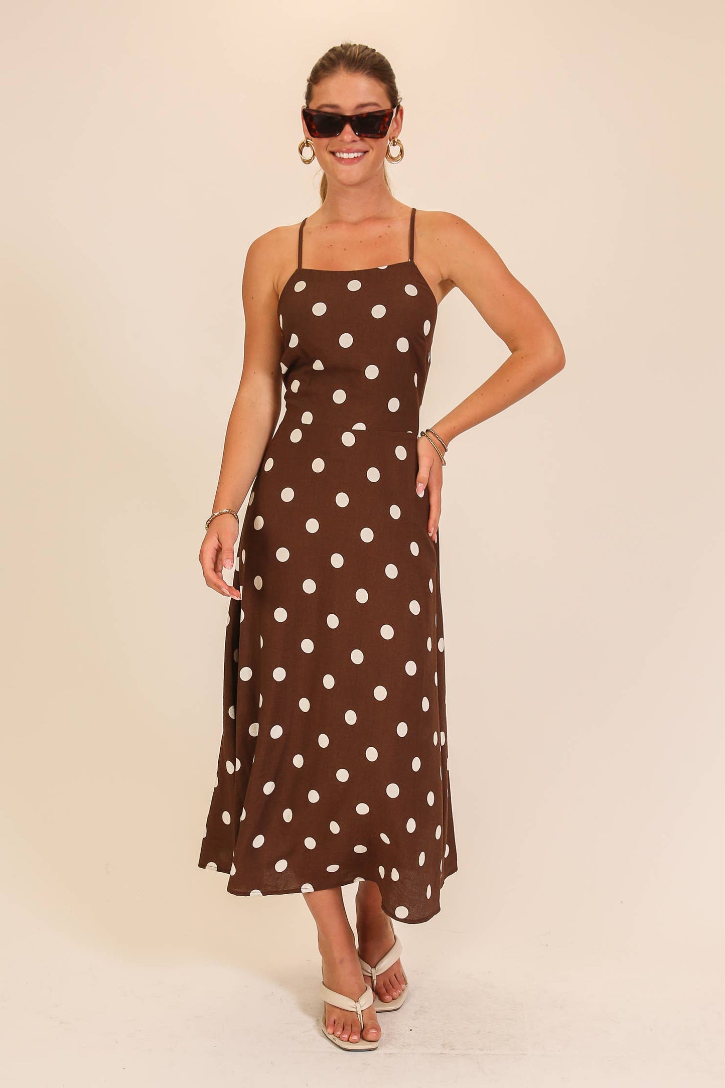 Viv Polka Dot Lace-Up Back Midi Dress