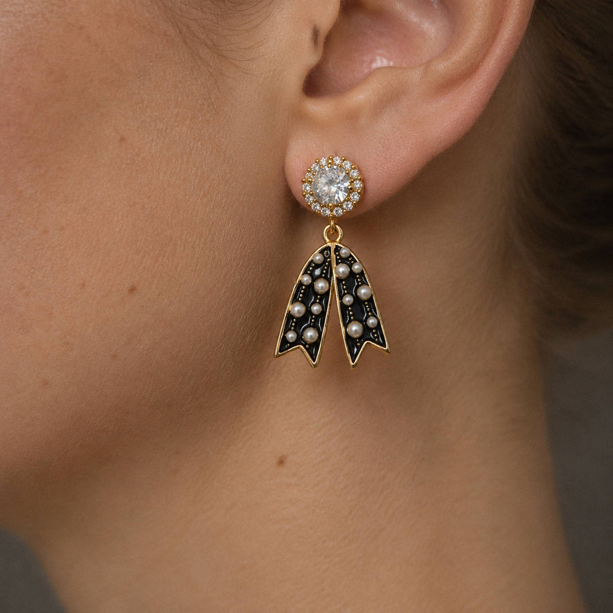 Zirconia Bowknot and Polka Dot Ribbon Dangle Earrings