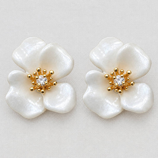 Artistic White Enamel Floral Stud Earrings