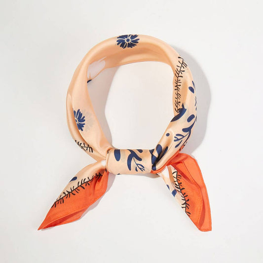 Floral Framed Border Printed Square Silky Satin Bandana Scarf