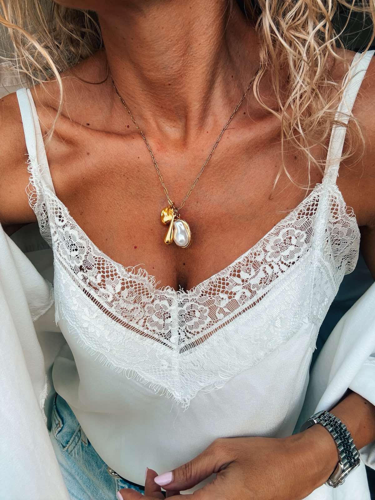 Long Gold Necklace with Pearl & Organic Charms