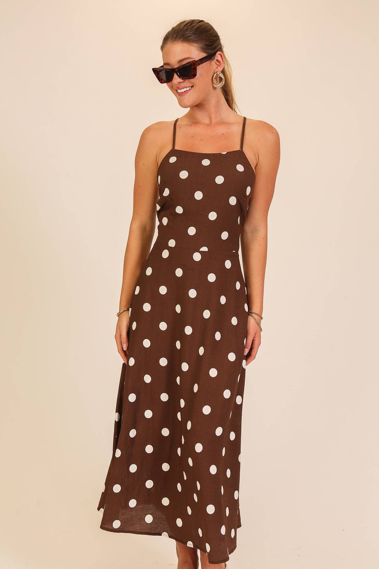 Viv Polka Dot Lace-Up Back Midi Dress