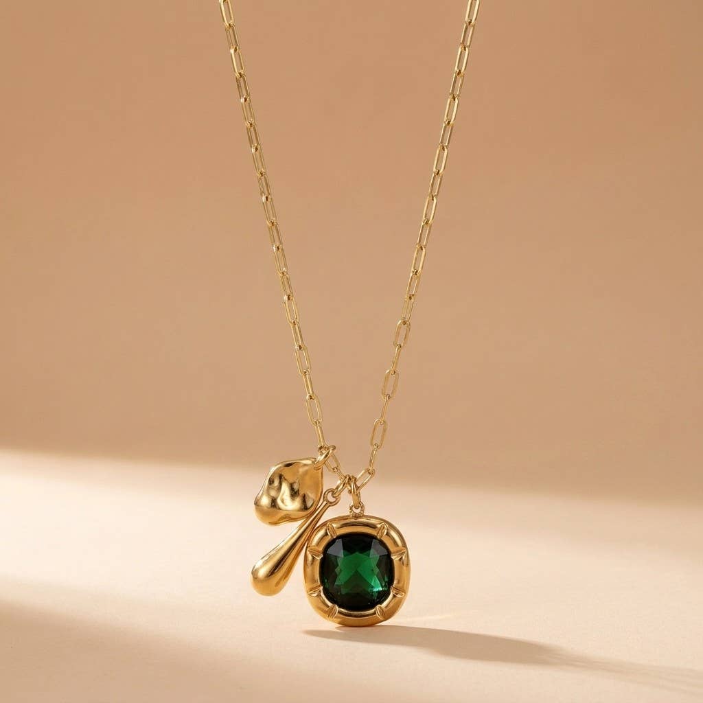 Long Gold Necklace with Emerald Green Crystal Charm