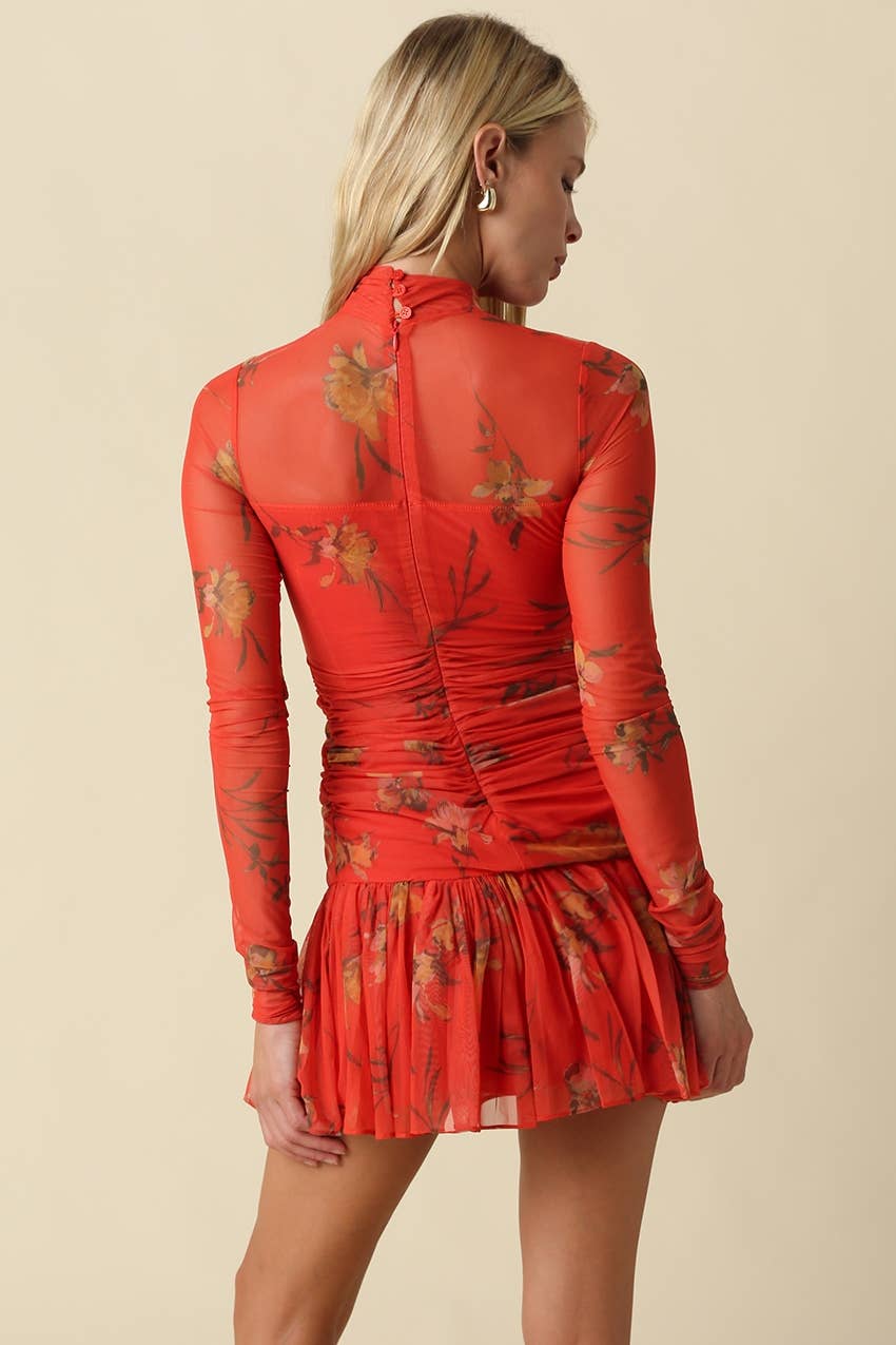 Eden Floral Mesh Ruched Mini Dress