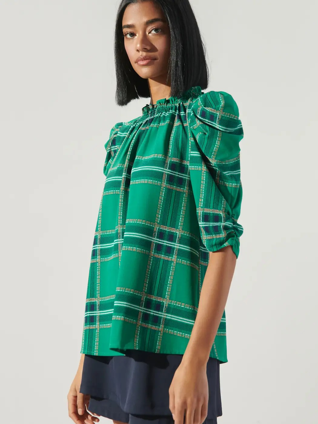 Woodland Plaid Drape Sleeve Blouse