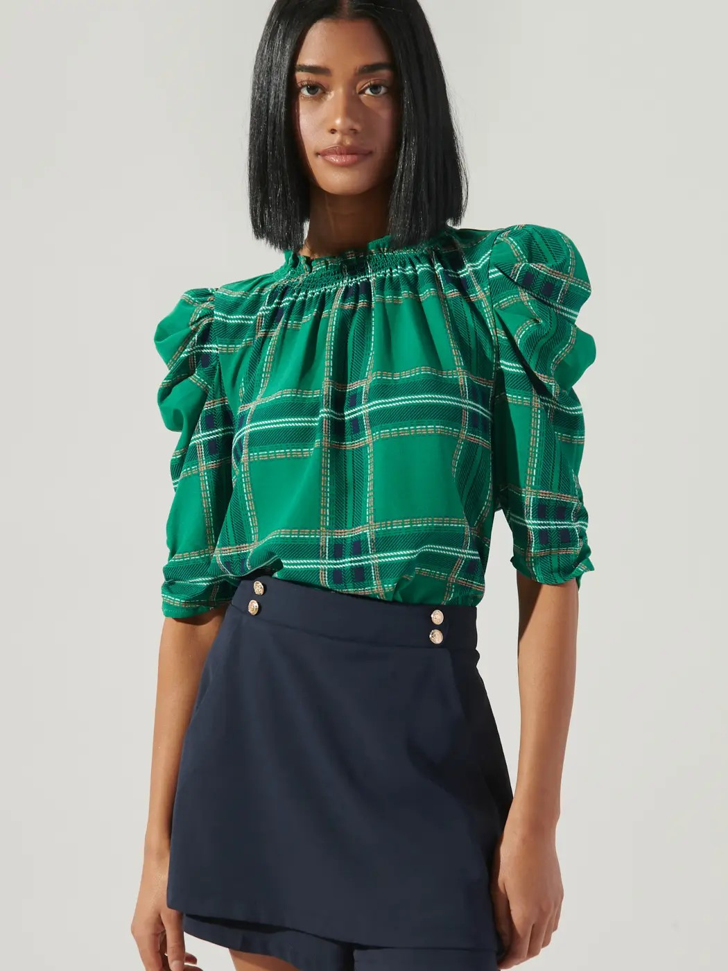 Woodland Plaid Drape Sleeve Blouse